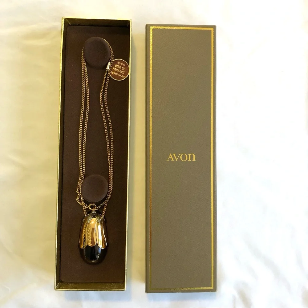 Avon Perfume Filled Eggplant Pendant Necklace Vintage Bird of Paradise Scent NWT - Picture 9 of 12